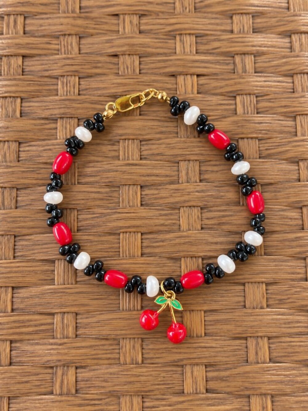Cherry Charm Bracelet, Red Black & White Beaded Bracelet, Cherry Jewelry, Gold P